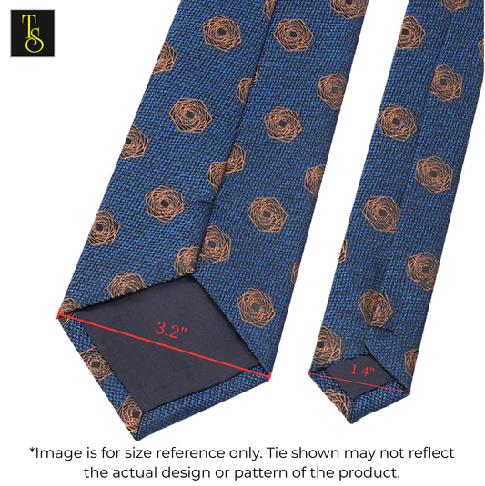 Blue patterned tie with measurements on a white background