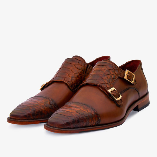 The Bishkek Tan Leather Cap Toe Double Monk Strap Men Shoe