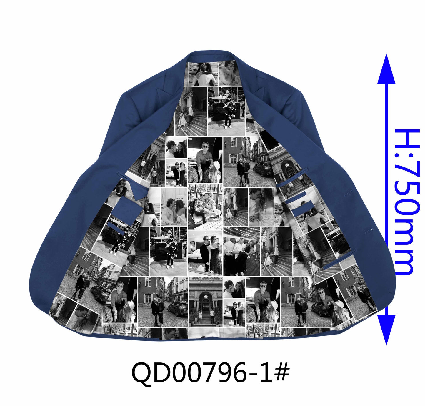 Blue jacket with the custom photo collage suit lining in black and white color. The measurement of the jacket display in the background.