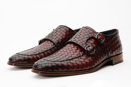 The Turan Burgundy Woven Double Monk Strap Dress Men Shoe