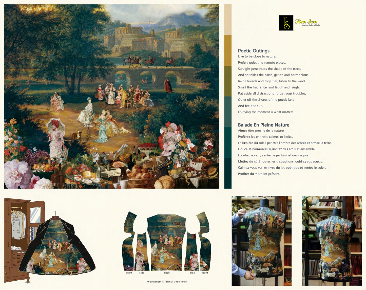 Showing the Custom Suit Lining with the art of medieval picnic