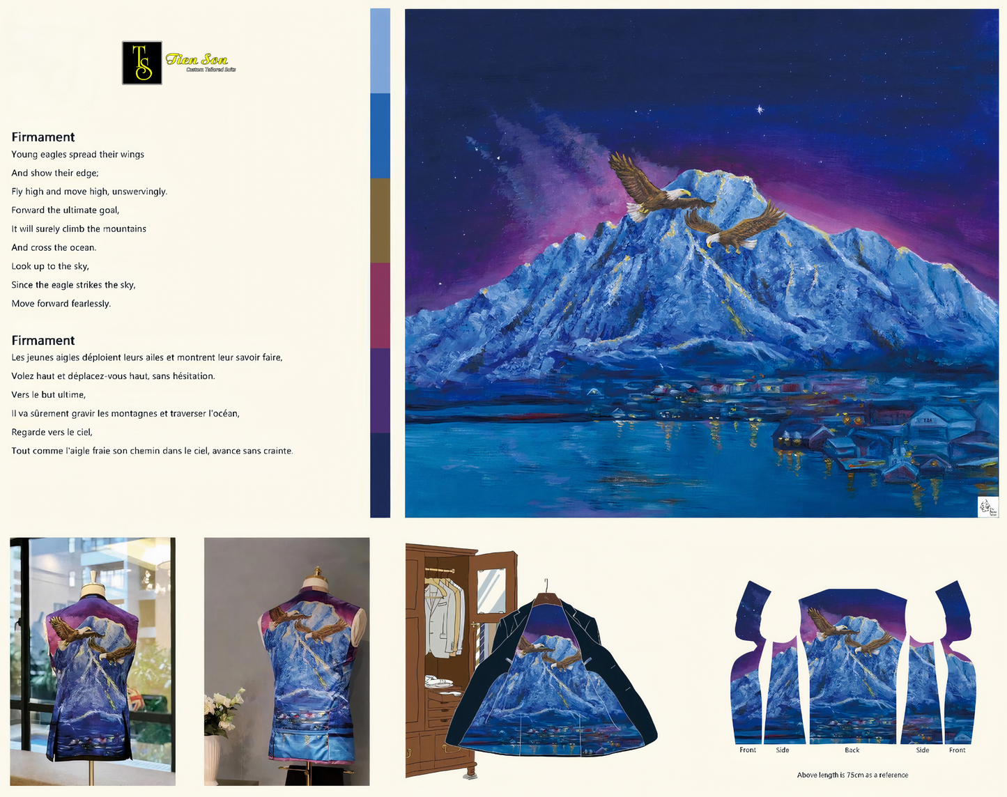 Promotional material for the custom art suit lining with mountain and eagle design, including text and images of clothing.
