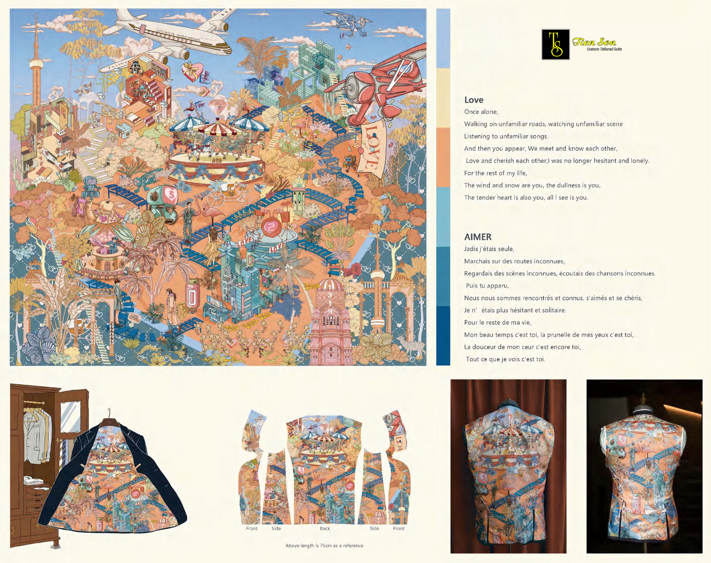 Promotional materials of custom art suit lining with the theme of Love.