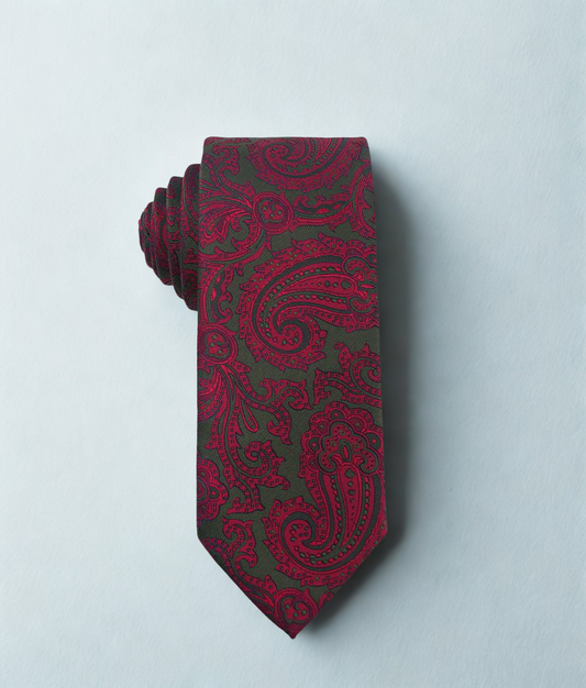 Red paisley patterned tie on a light gray background