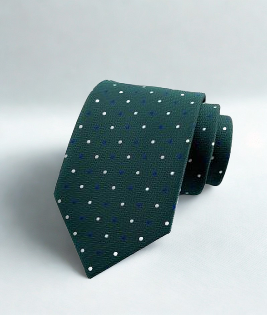 Emerald Dot tie, with white and navy dots.