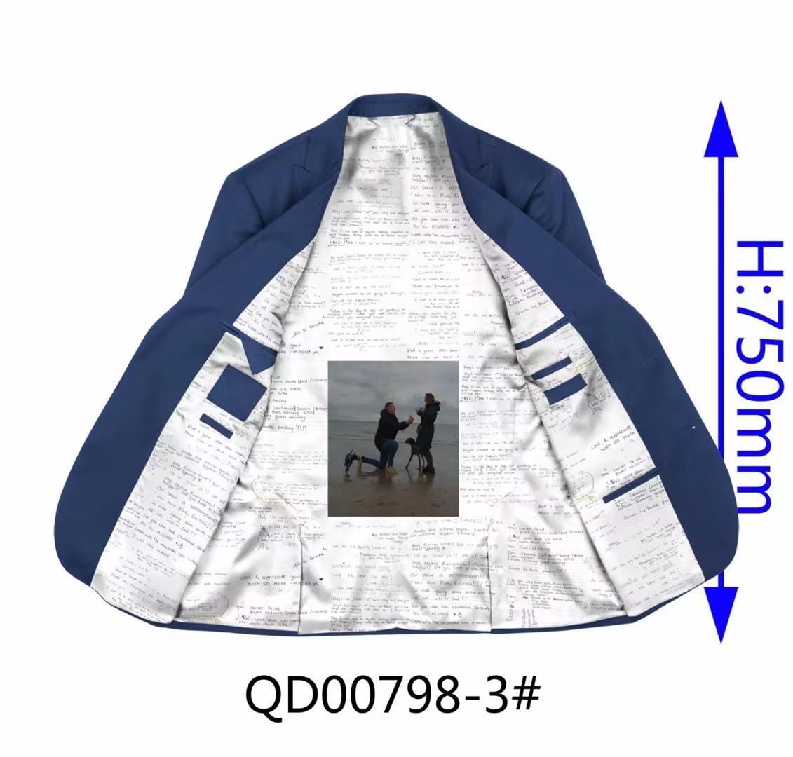 Blue and white jacket with custom suit lining contain a photo of people and dogs on the back and custom messages around, measurement details included.