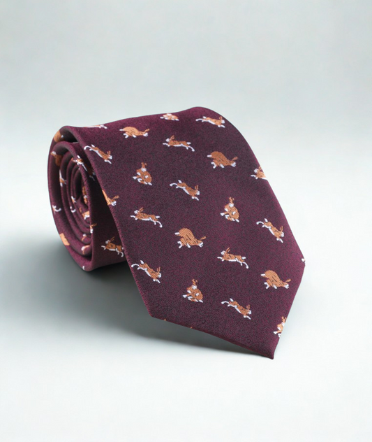 Maroon tie with rabbit/bunny pattern on a light gray background