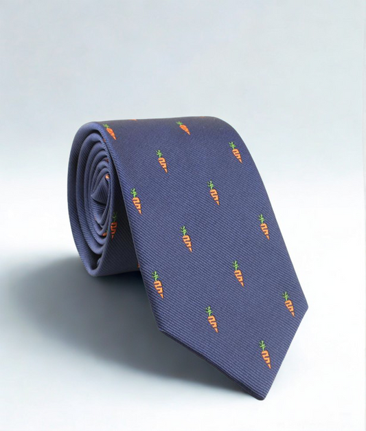 Navy blue tie with carrot pattern on a light gray background