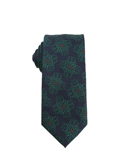Navy tie with green floral pattern on a white background