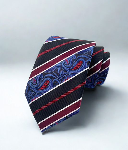 Striped tie with paisley pattern on a light gray background