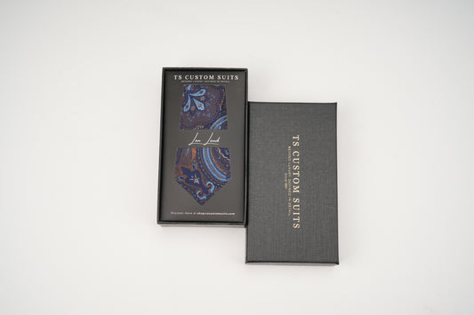 Navy paisley tie in the box