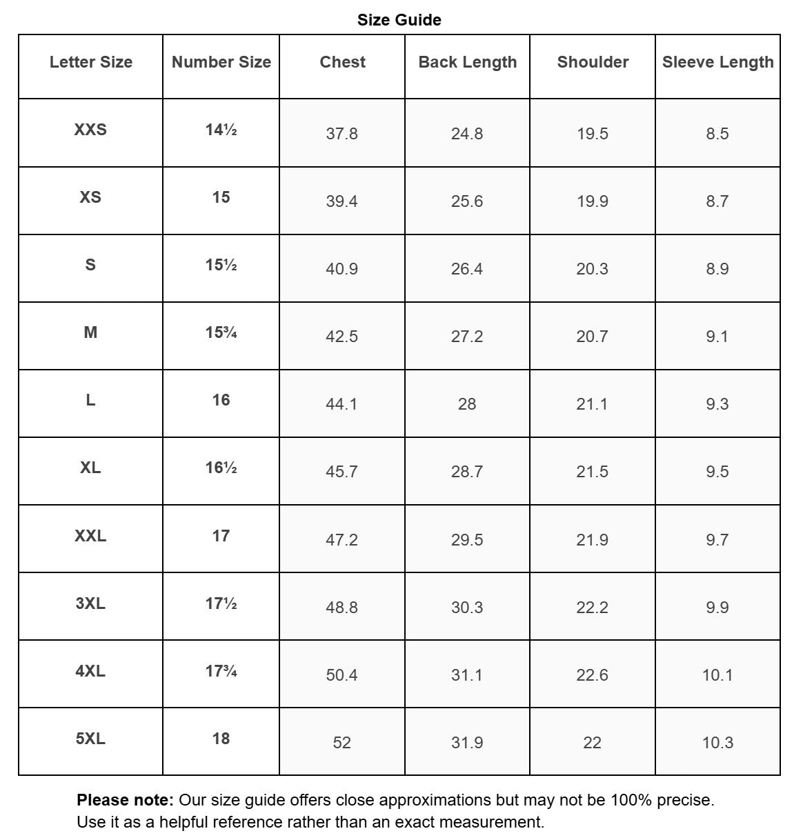 Size chart for clothing measurements with letter and number sizes.