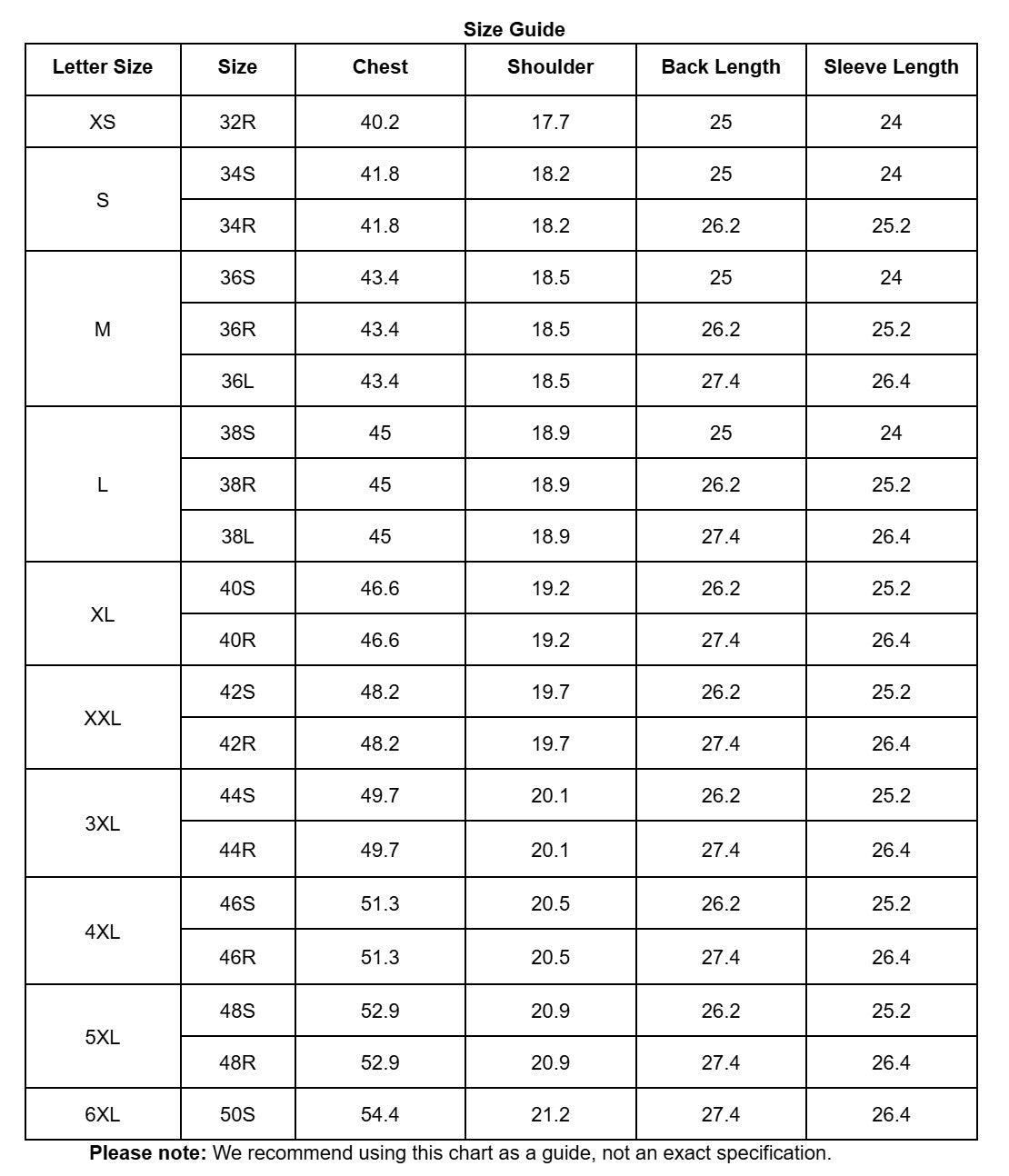 Size chart for clothing measurements including chest, shoulder, back length, and sleeve length.