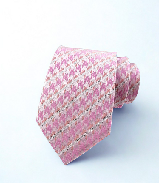 Pink patterned tie on a light gray background