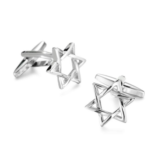 Silver star-shaped cufflinks on a white background