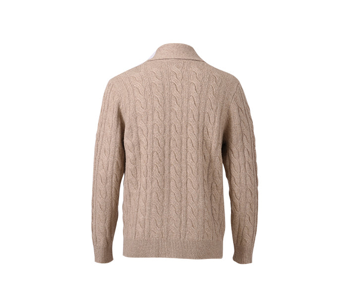 Back view of Beige cable knit sweater on a white background