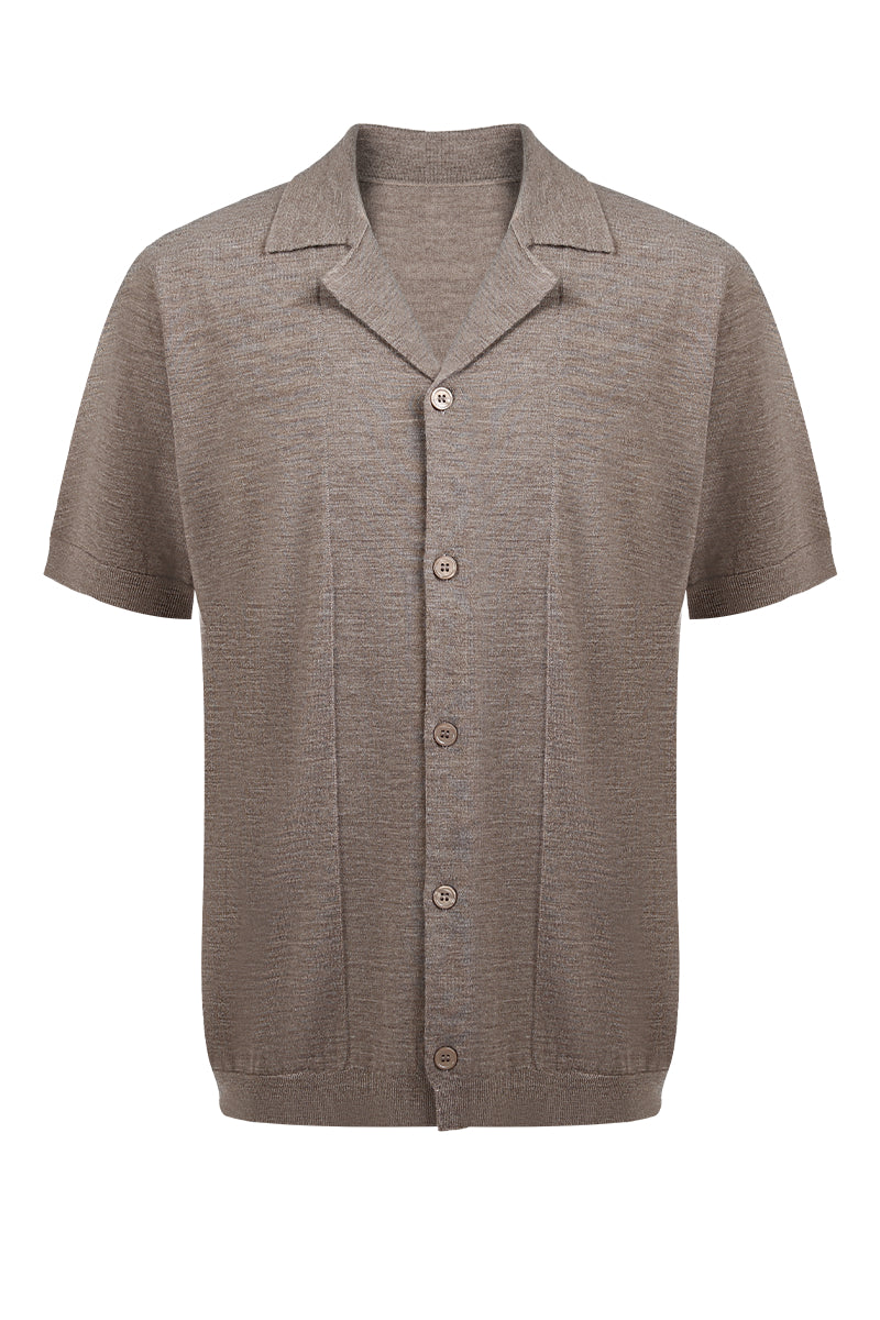 Brown short-sleeve cardigan with button details on a white background