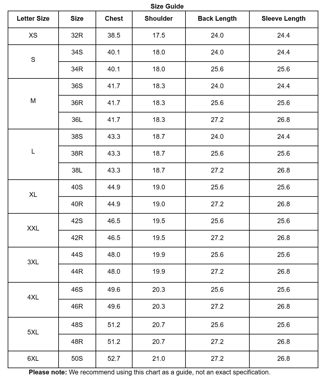Size chart for clothing with measurements in centimeters