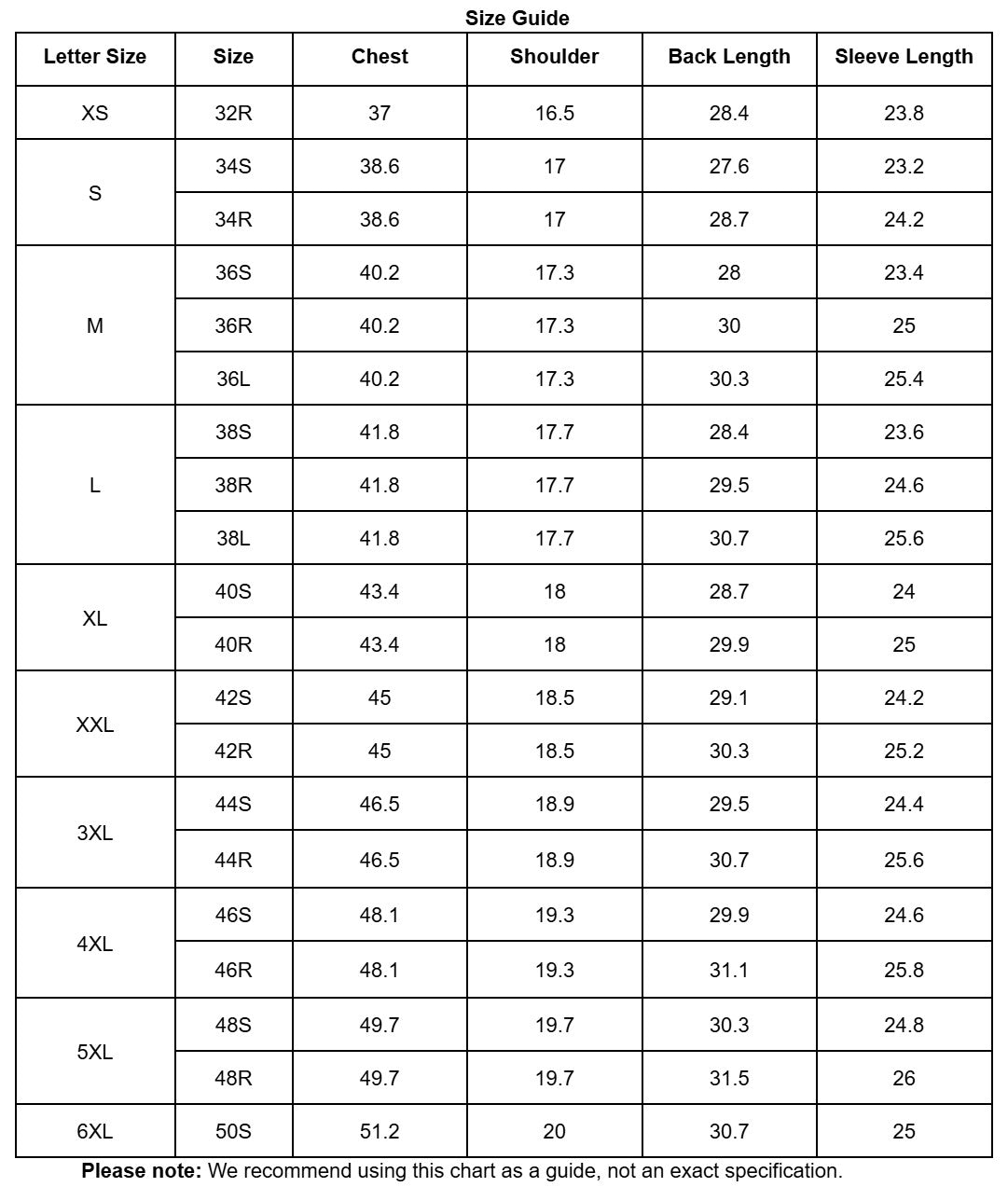 Size guide chart for clothing measurements including chest, shoulder, back length, and sleeve length.
