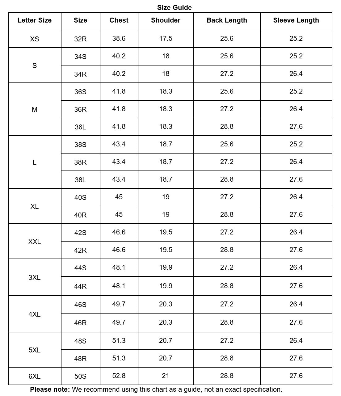Size chart for clothing with measurements in centimeters