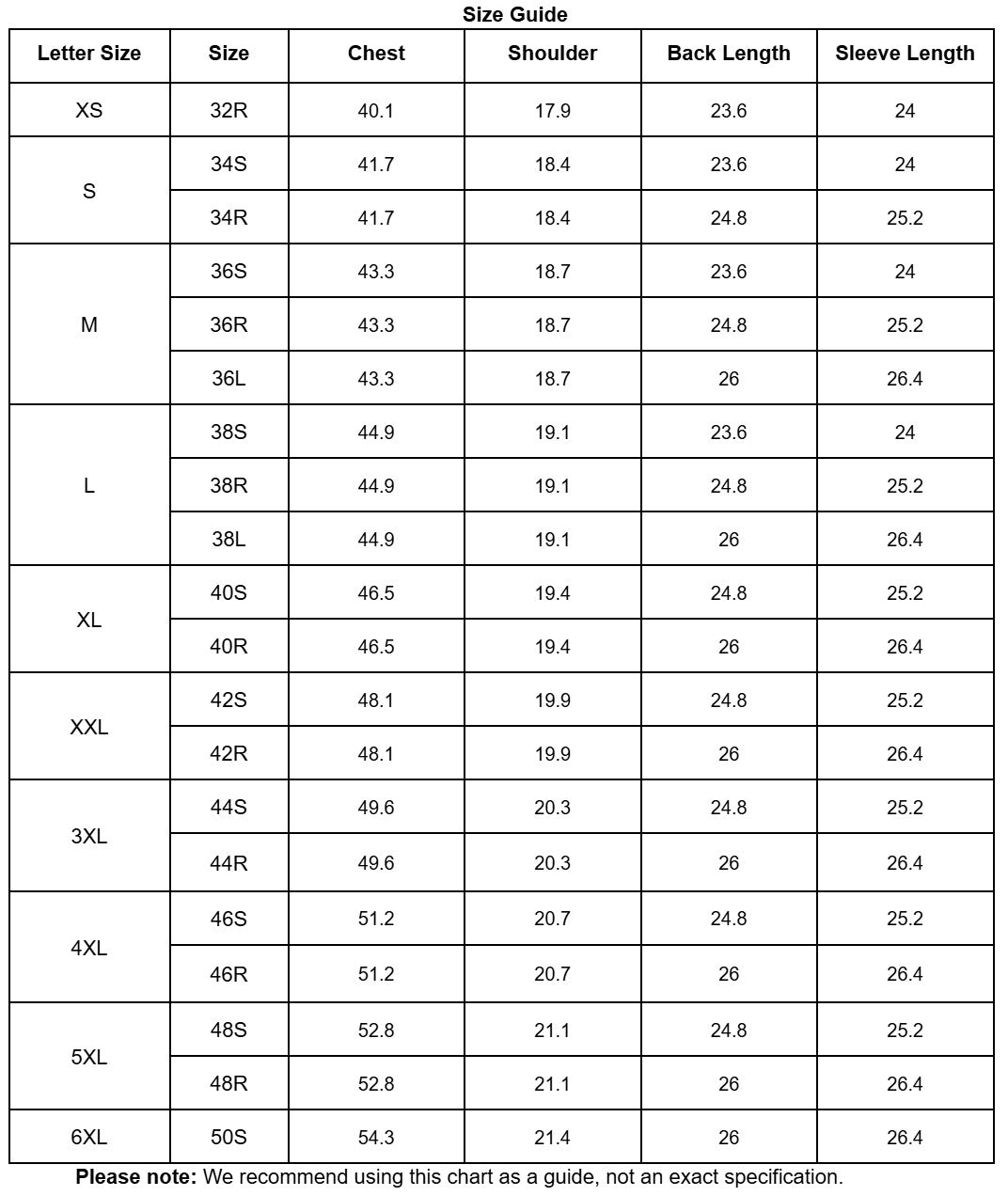 Size guide chart for clothing measurements with letter sizes and dimensions.