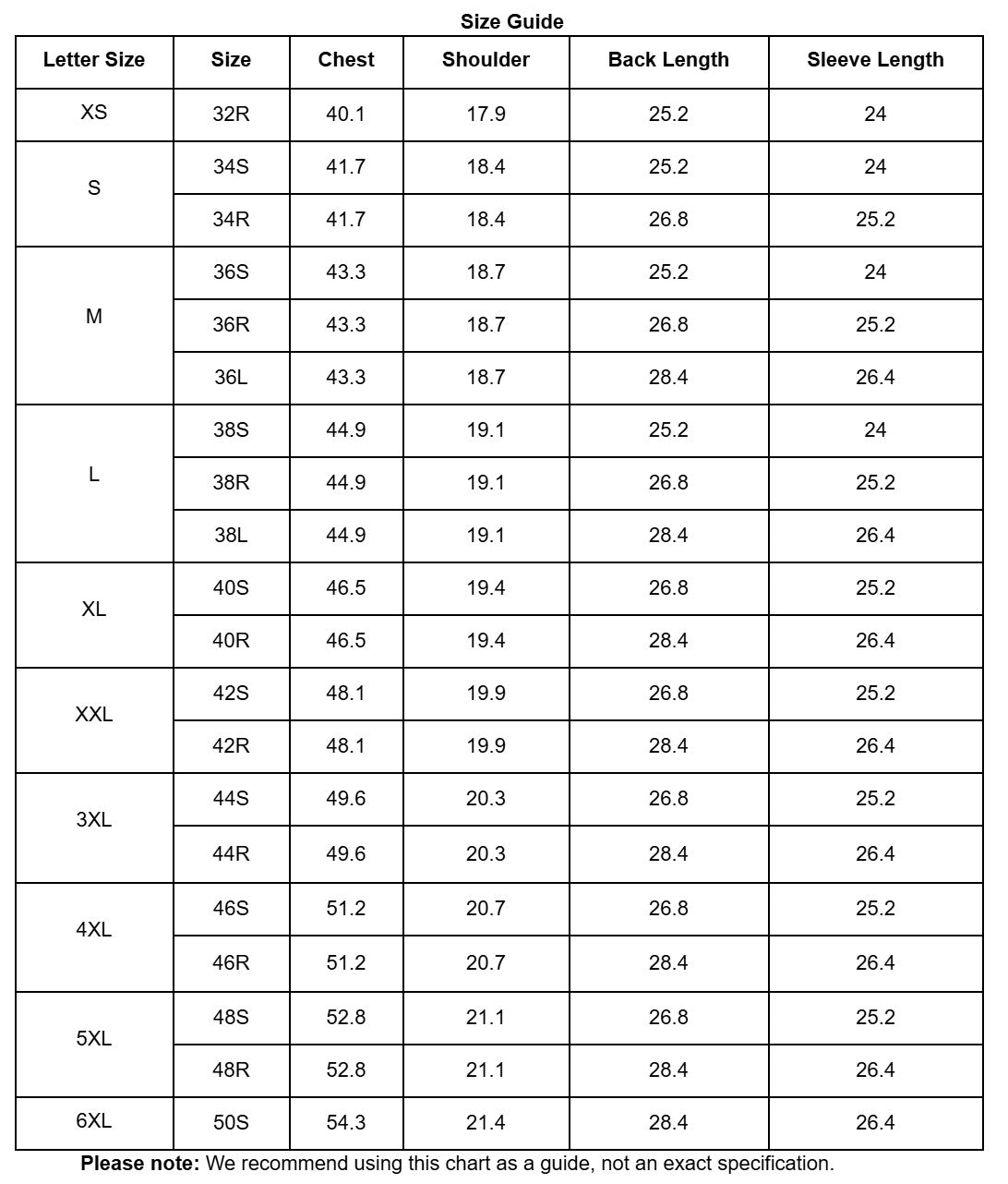 Size chart for clothing with letter sizes and measurements