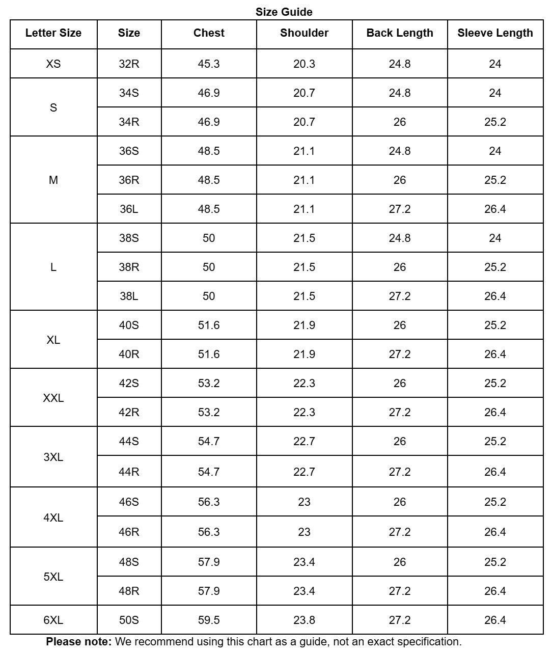 Size guide chart for clothing measurements with letter sizes, chest, shoulder, back length, and sleeve length dimensions.