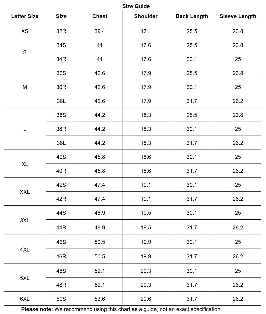 Size guide chart for clothing measurements including chest, shoulder, back length, and sleeve length.