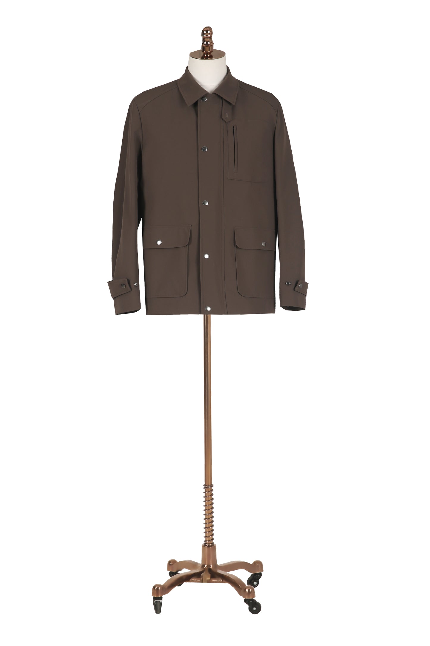 Brown jacket on a mannequin against a white background