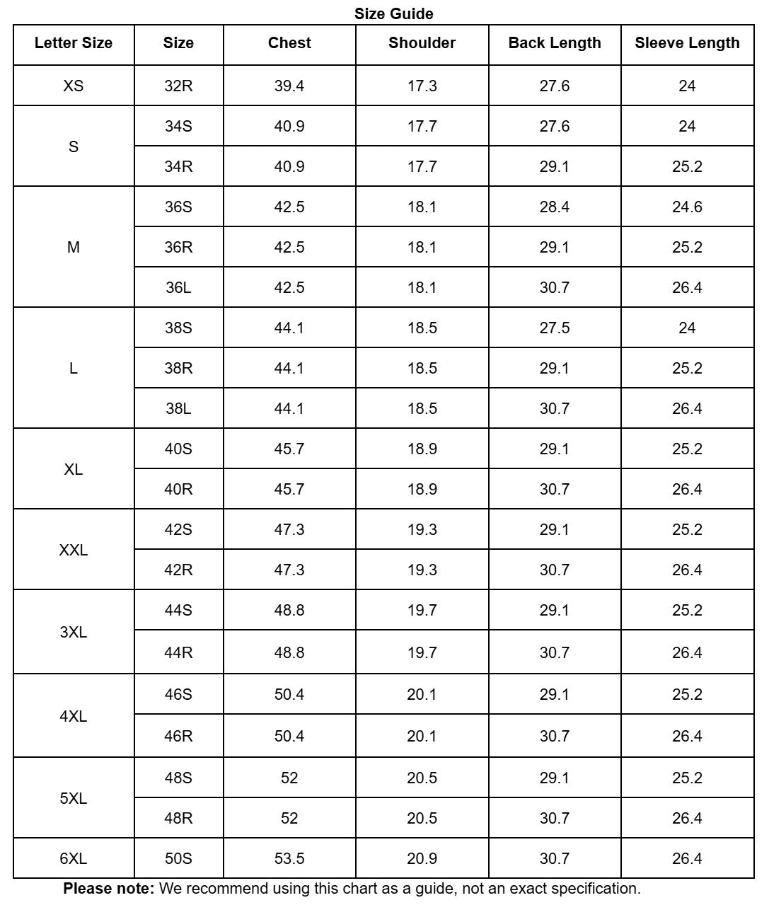 Size guide chart for clothing measurements in centimeters