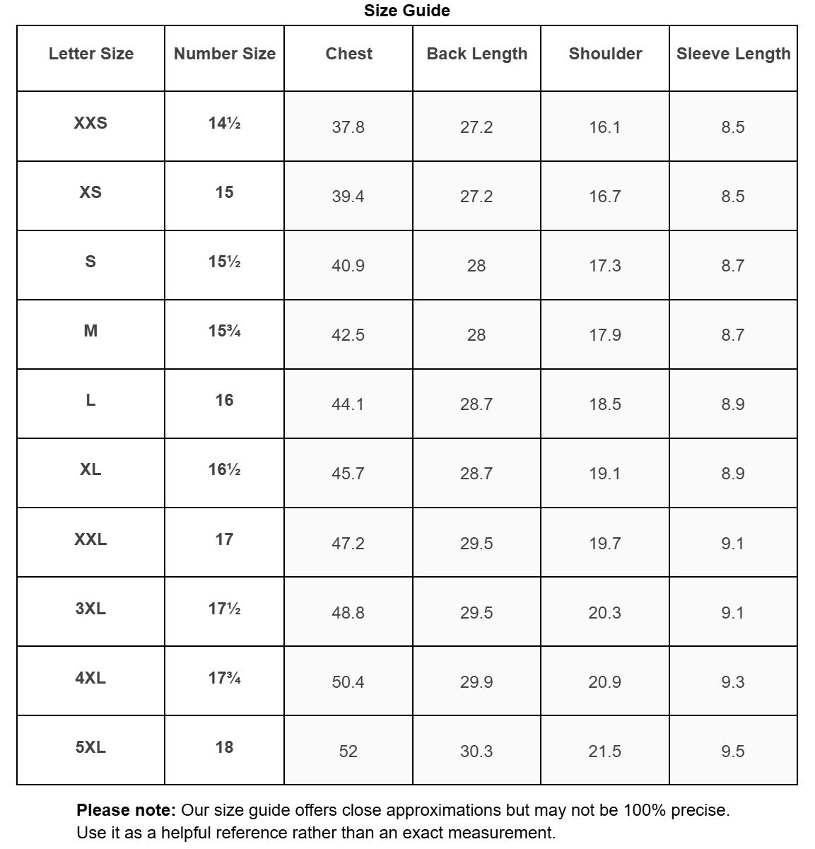 Size guide for Polo shirt