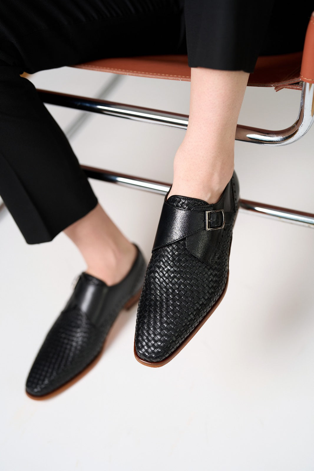 The Rolls Woven Black Leather Single Monk Strap Handmade Men Shoe