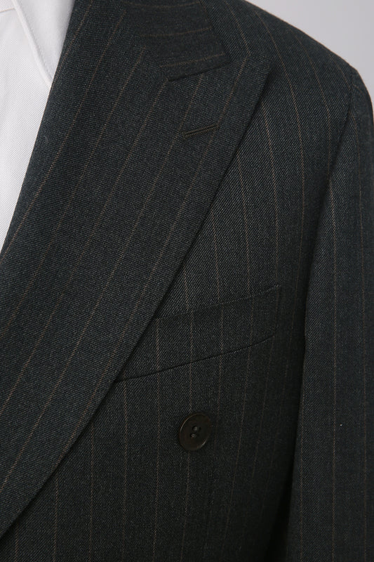 Dark gray pinstripe suit jacket with a button on a light gray background