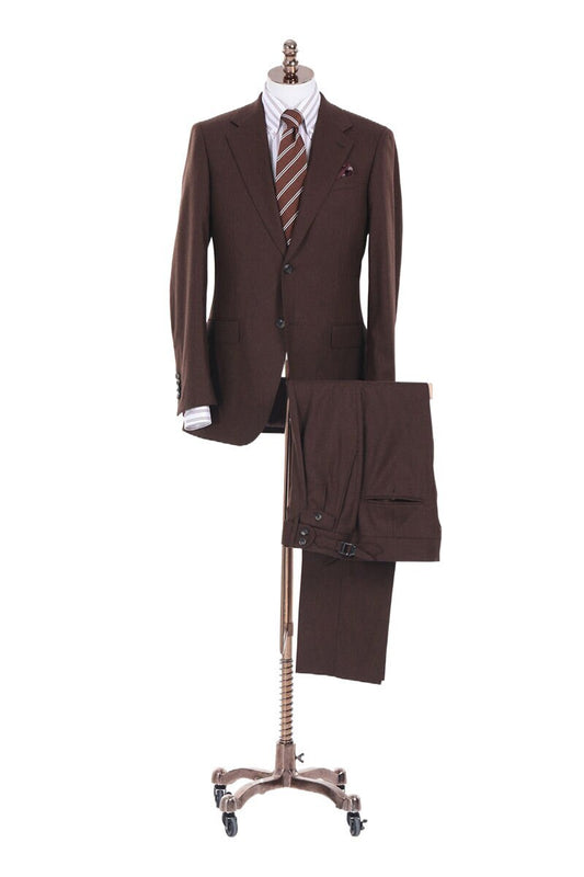 Brown 2-piece suit with single breast and notch lapel. Pants have a 2-button waistband, watch pocket, and a buckle adjuster on the hips. Mens brown suit. Brown wedding suit. Custom wedding suit. Chocolate brown suit.