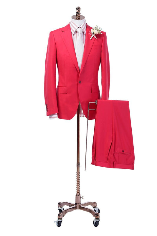 Red wedding suit. Coral color wedding suit. Red wedding suit single breasted suit with notch lapels. 2-piece wedding suit. Great wedding suit for summer weddings. Summer wedding suit. Red groomsmen suit.