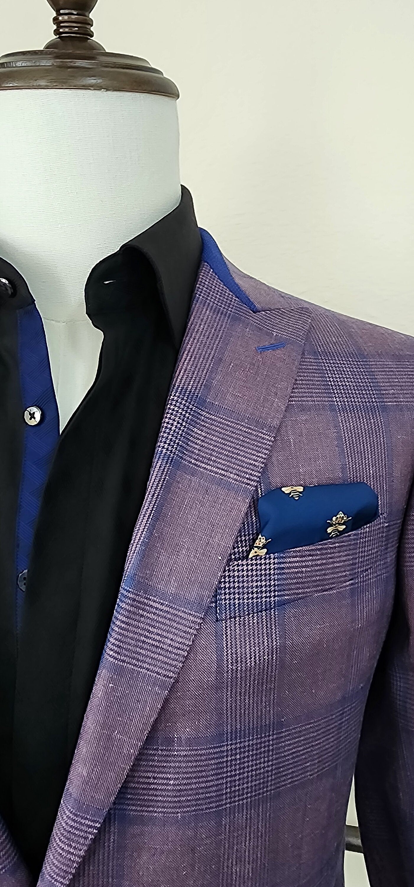 plaid mens; sport coat. This glen plaid sport coat has blue accents throughout. Spot coat pairs great with jeans, chinos, and slacks. mens custom sport coat is a great gift for him. Perfect rehearsal dinner jacket for a wedding.