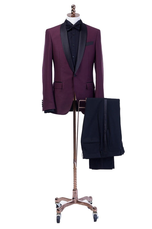 Burgundy tuxedo jacket with black satin shawl lapel. Burgundy vest and pants pictured. Burgundy wedding tuxedo. Groom burgundy suit. Maroon wedding tuxedo. Maroon tux. Burgundy wedding tuxedo. Maroon wedding tux. Formal burgundy tux.