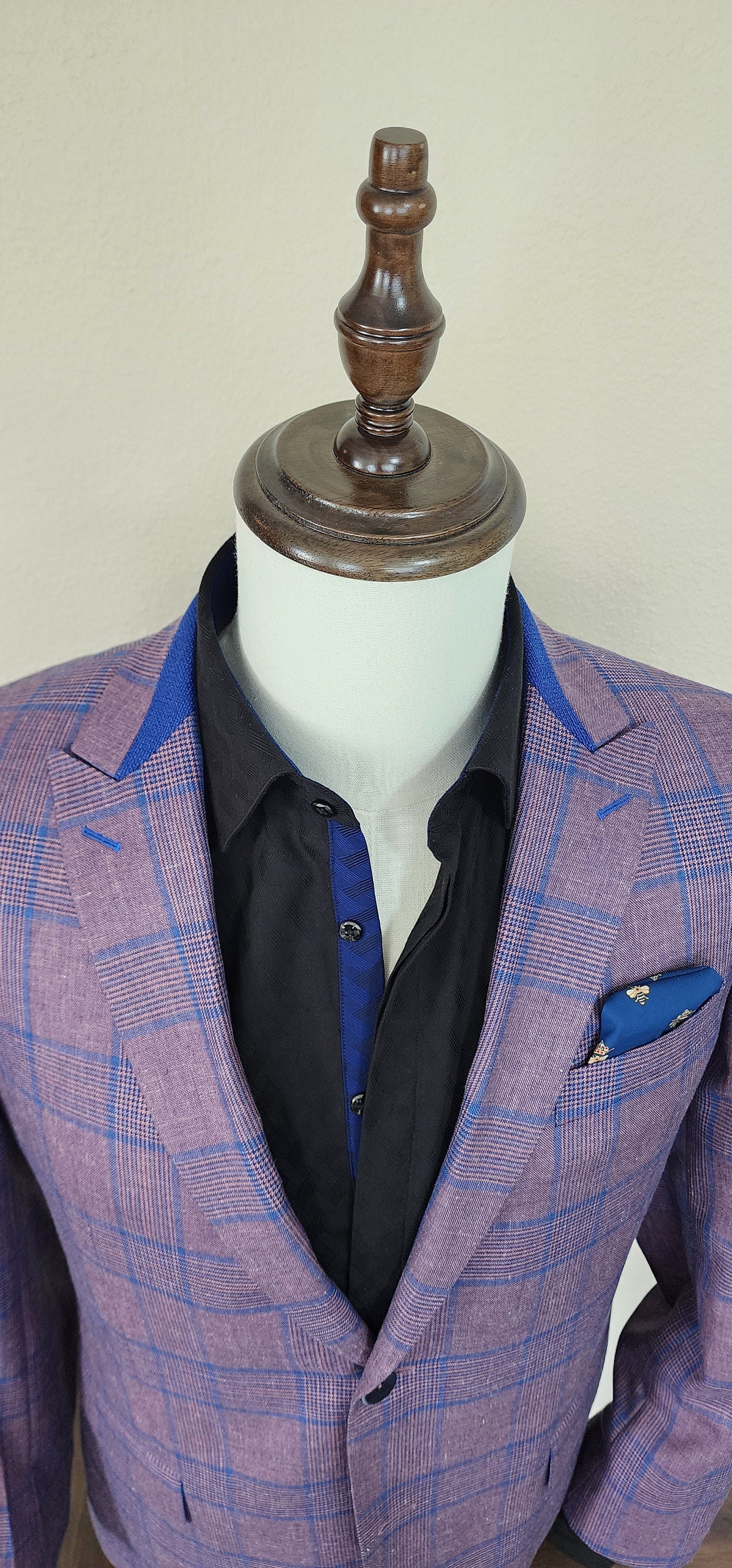 plaid mens; sport coat. This glen plaid sport coat has blue accents throughout. Spot coat pairs great with jeans, chinos, and slacks. mens custom sport coat is a great gift for him. Perfect rehearsal dinner jacket for a wedding.
