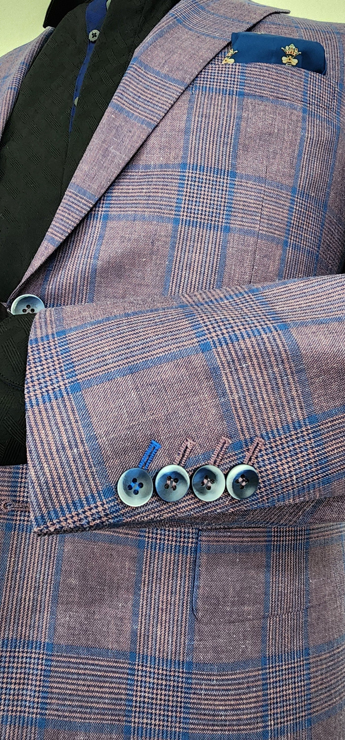 plaid mens; sport coat. This glen plaid sport coat has blue accents throughout. Spot coat pairs great with jeans, chinos, and slacks. mens custom sport coat is a great gift for him. Perfect rehearsal dinner jacket for a wedding.