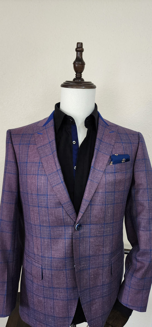 plaid mens; sport coat. This glen plaid sport coat has blue accents throughout. Spot coat pairs great with jeans, chinos, and slacks. mens custom sport coat is a great gift for him. Perfect rehearsal dinner jacket for a wedding.