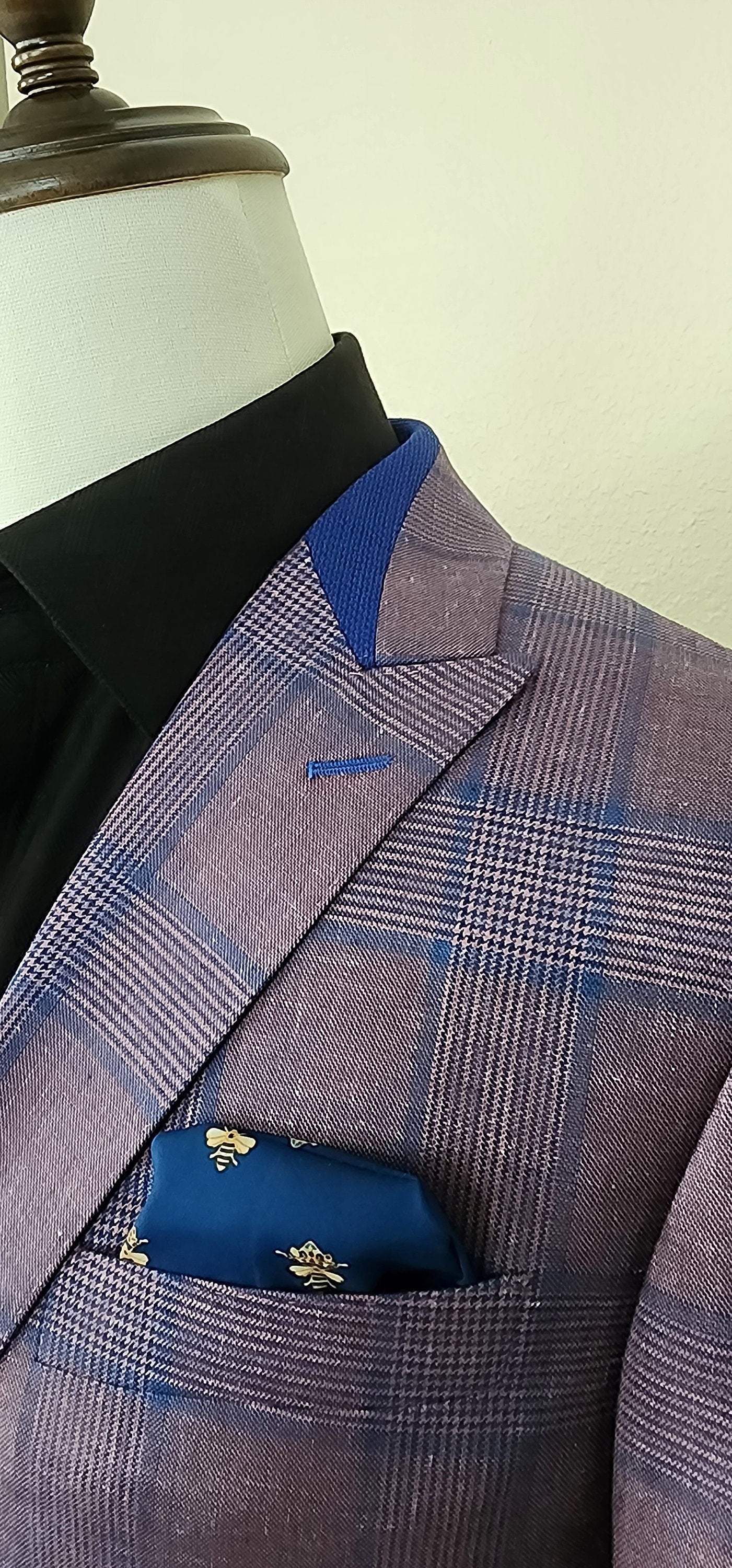 plaid mens; sport coat. This glen plaid sport coat has blue accents throughout. Spot coat pairs great with jeans, chinos, and slacks. mens custom sport coat is a great gift for him. Perfect rehearsal dinner jacket for a wedding.