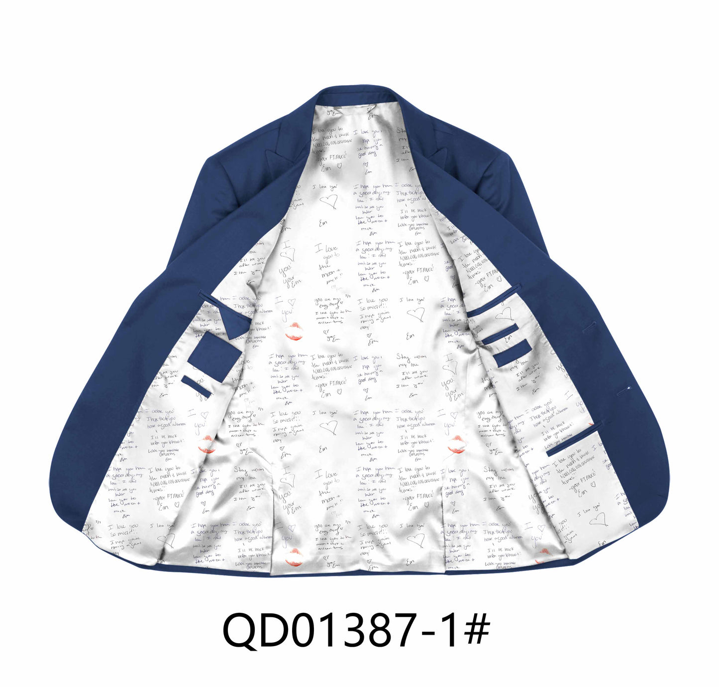 Blue jacket show custom suit lining contain messages and love notes on a white background