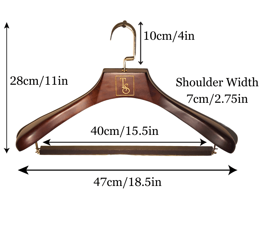 Wooden hanger with measurements labeled on a white background