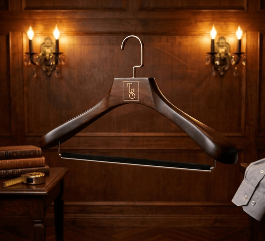 Wooden hanger with a logo on a wooden wall with books and a shirt.