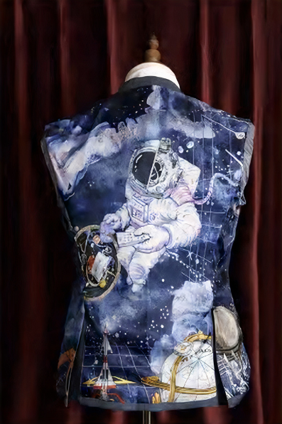 Man holding the suits jacket display a custom photo collage suit lining