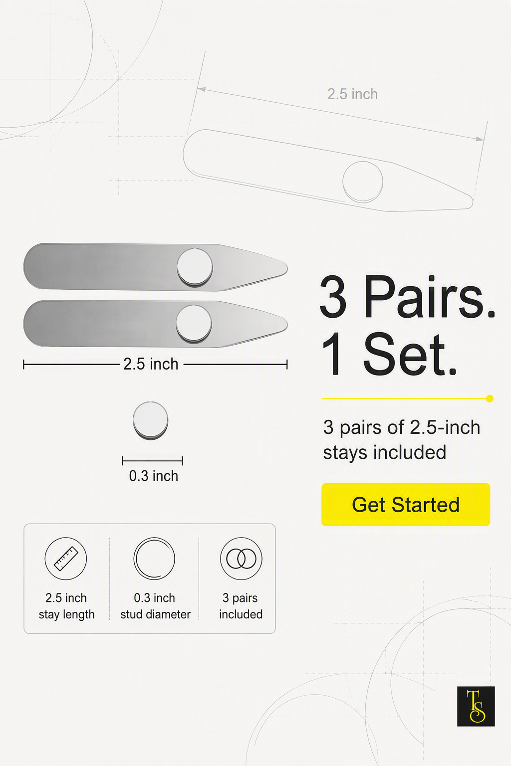 Product information graphic for a set of three pairs of metal stay clips, showing dimensions, a small product photo, and text reading '3 Pairs. 1 Set.