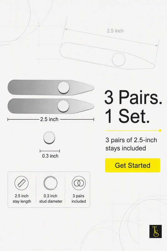 Product information graphic for a set of three pairs of metal stay clips, showing dimensions, a small product photo, and text reading '3 Pairs. 1 Set.