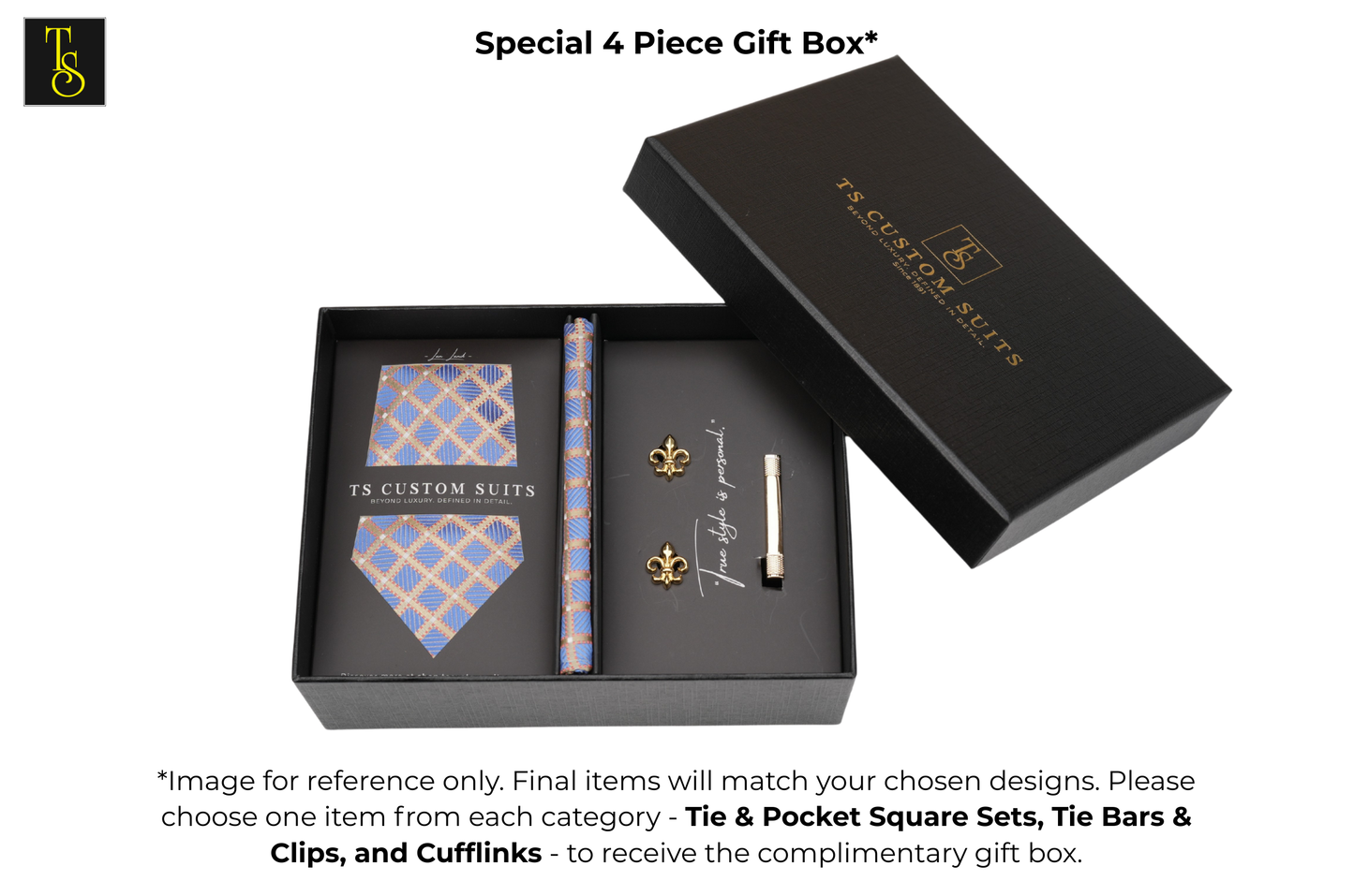 Open black gift box containing tie, pocket square, clip, and cufflinks with 'TS Custom Suits' branding.