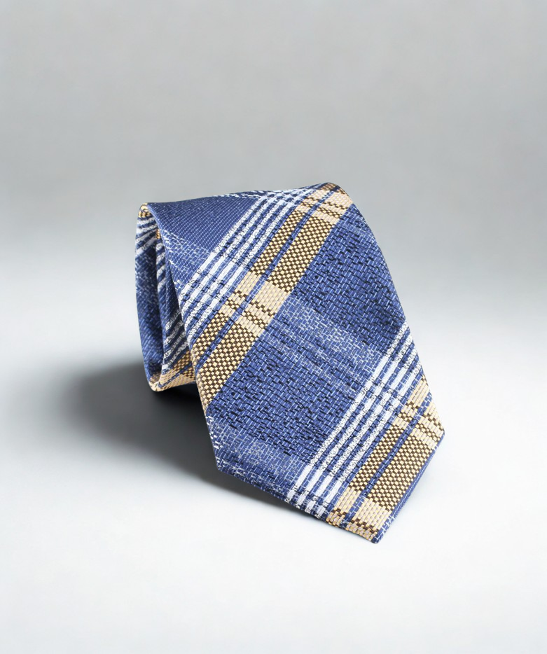 Tie with Plaid pattern, mix of blue, gold and white.