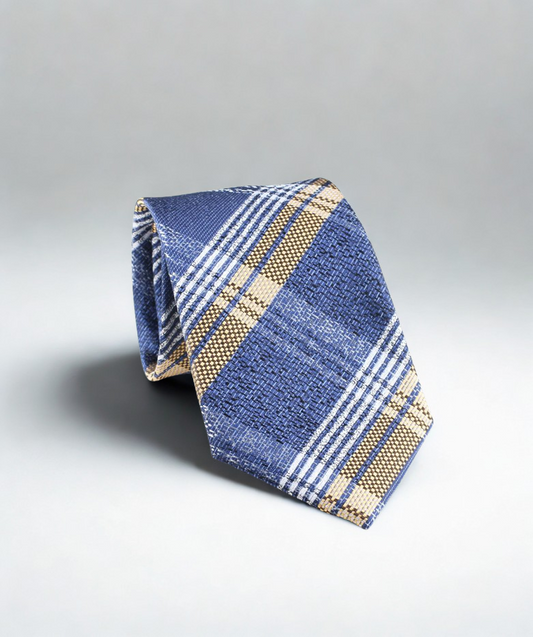 Tie with Plaid pattern, mix of blue, gold and white.